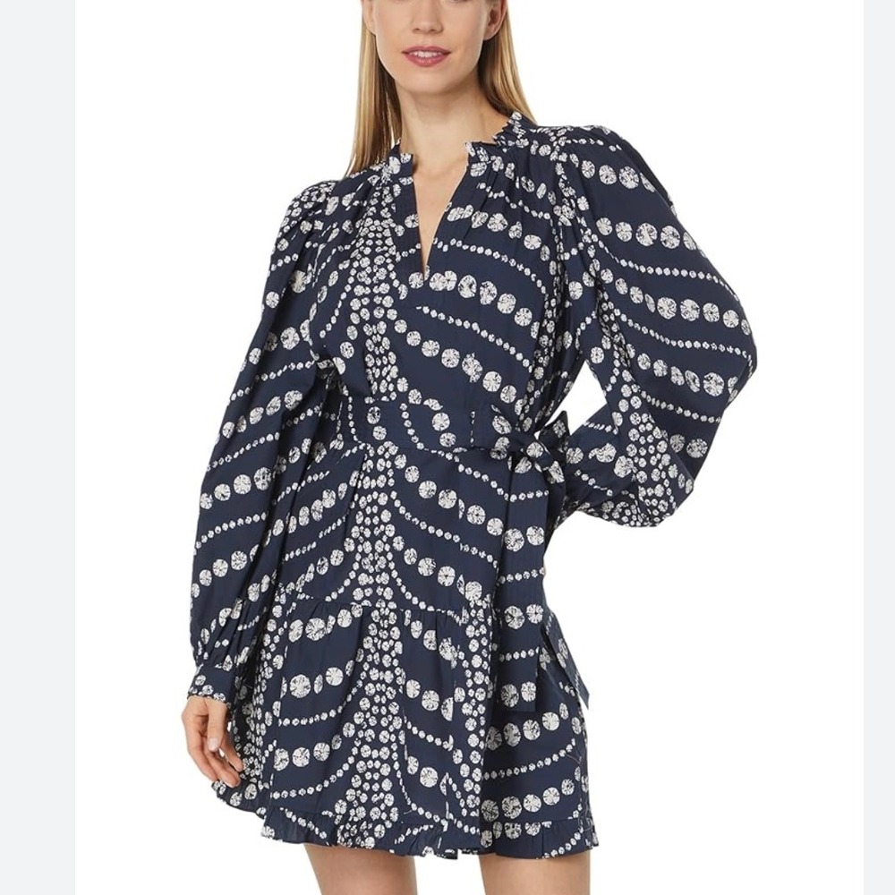 Marie Oliver jewel gemstone‎ print puff sleeves dress Size XXS navy blue cotton